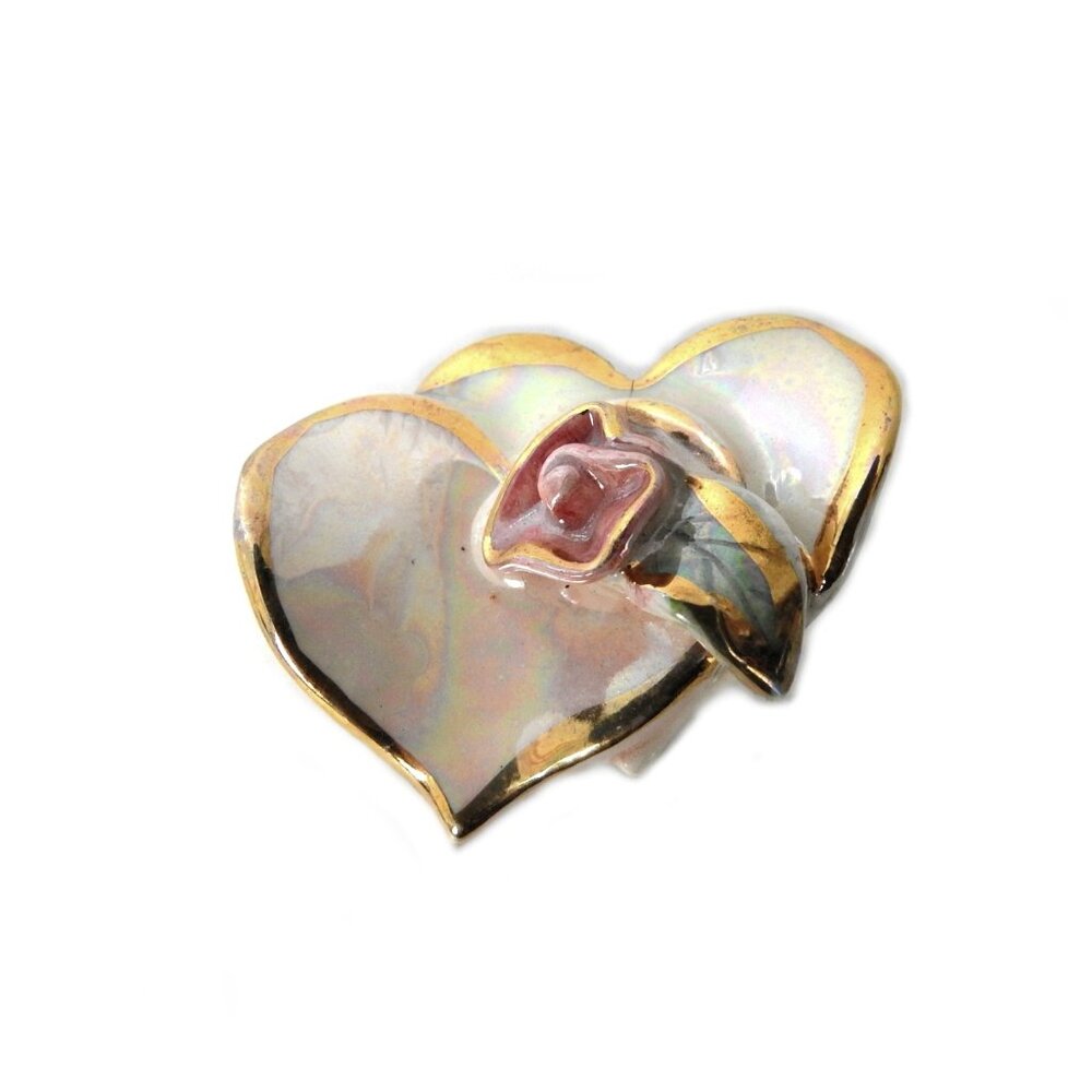 1980s Artisan Luster Ceramic Pin Two Hearts Rose Costume Jewelry Iridescent